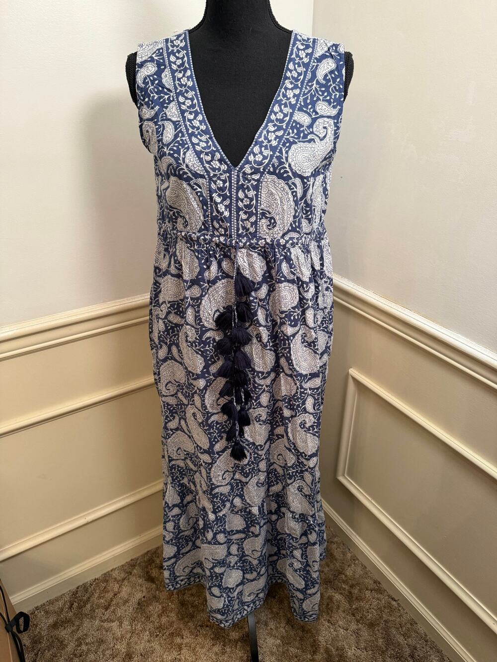 LA PLAGE Emily Cotton Printed Tassel Pocket Maxi Dress Blue White Boho Paisley